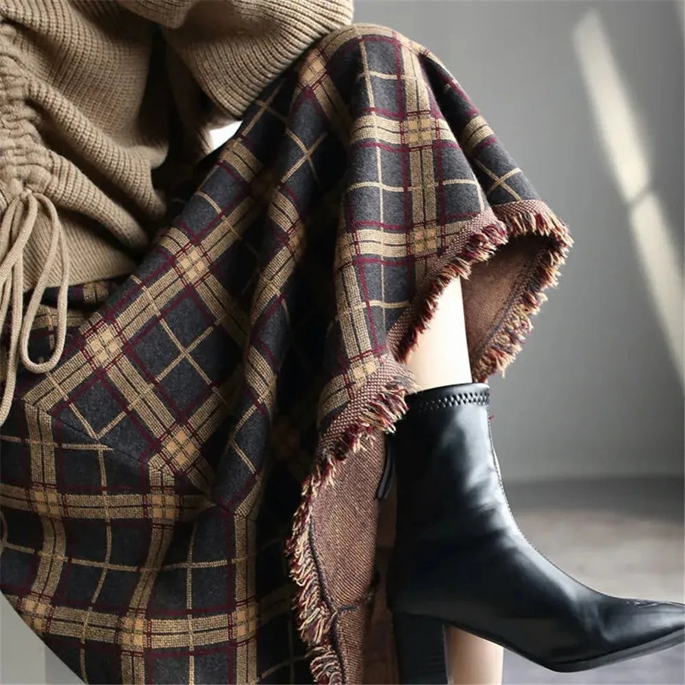 Winter Knitted Tassel A-Line Long Skirts Women Printing Plaid Skirt Female Autumn High Waist Warm Skirt Elegant Office Lady Saia