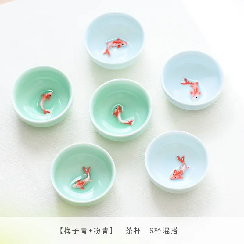 6 sets Chinese ceramic cups fish cups blue and white  teapot small porcelain tea bowl tea cup teaset accessories drink Drinkware