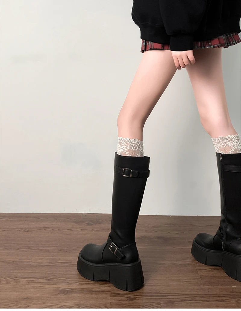 Platform Wedges Heel Women Knee High Boots Fashion Belt Buckle Slip On Long Booties Autumn Winter Female Shoes