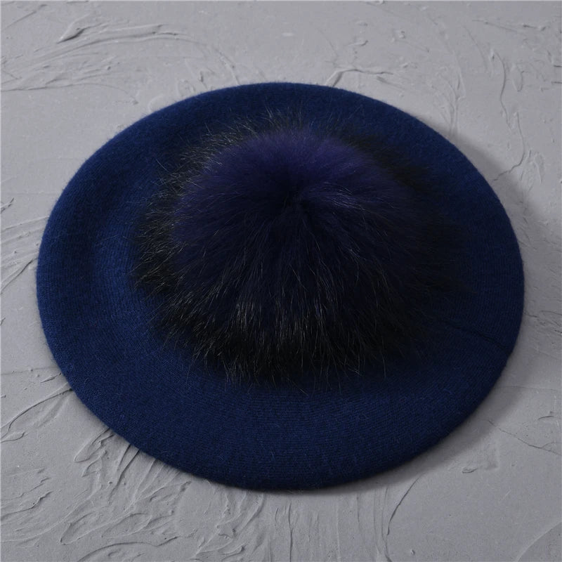 Jaxmonoy Winter Female Beret Women Hat Big Real Raccoon Fur Pompom Beret Wool Cashmere Natural Fur Ball Fashion Beret Cap Female