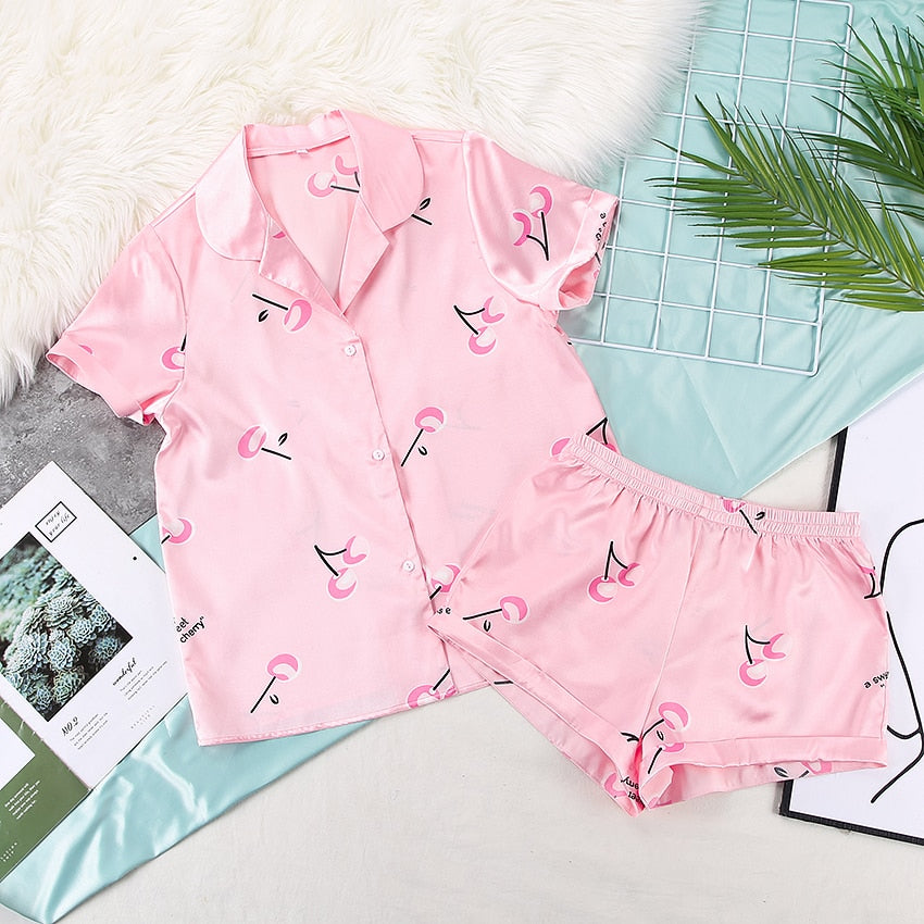 Solid Satin Sleepwear Silk Pajamas Set Top And Shorts Two Piece Set Pyjamas Women Pajama Short Sleeve Home Suit Casual