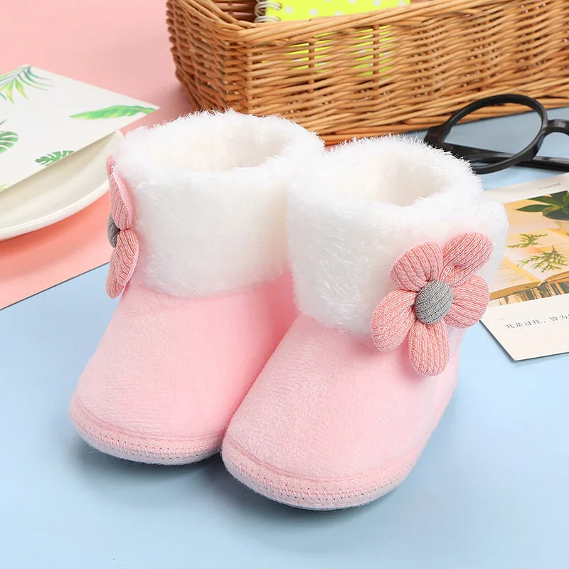 Lovely Flower Winter Snow Baby Boots 7-Colors Warm Fluff Balls Indoor Cottton Soft Rubber Sole Infant Newborn Toddler Baby Shoes