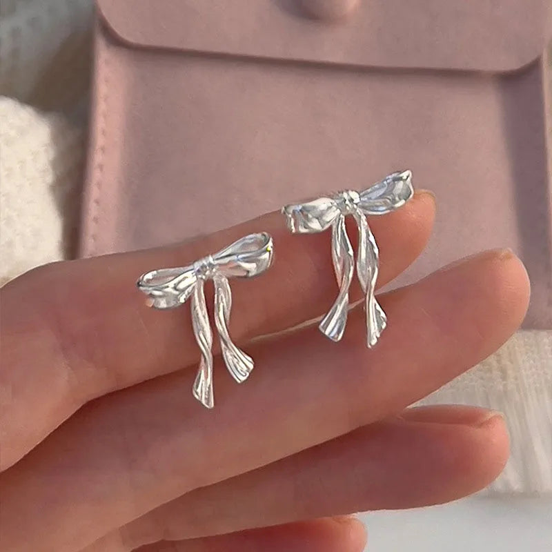 S925 Stud Earrings Elegant Bow Knot  Simple Earring For Girl Fashion Cute Jewelry Piercing Ear Fine Jewelry Women Accessories