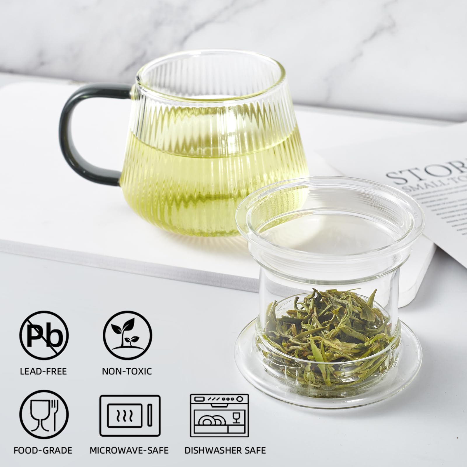 Glass Tea Infuser Cup with Lids and Handle for Blooming & Loose Leaf, 14oz | Borosilicate, Heat Resistance, Lead-free, Microwave & Dishwasher Safe
