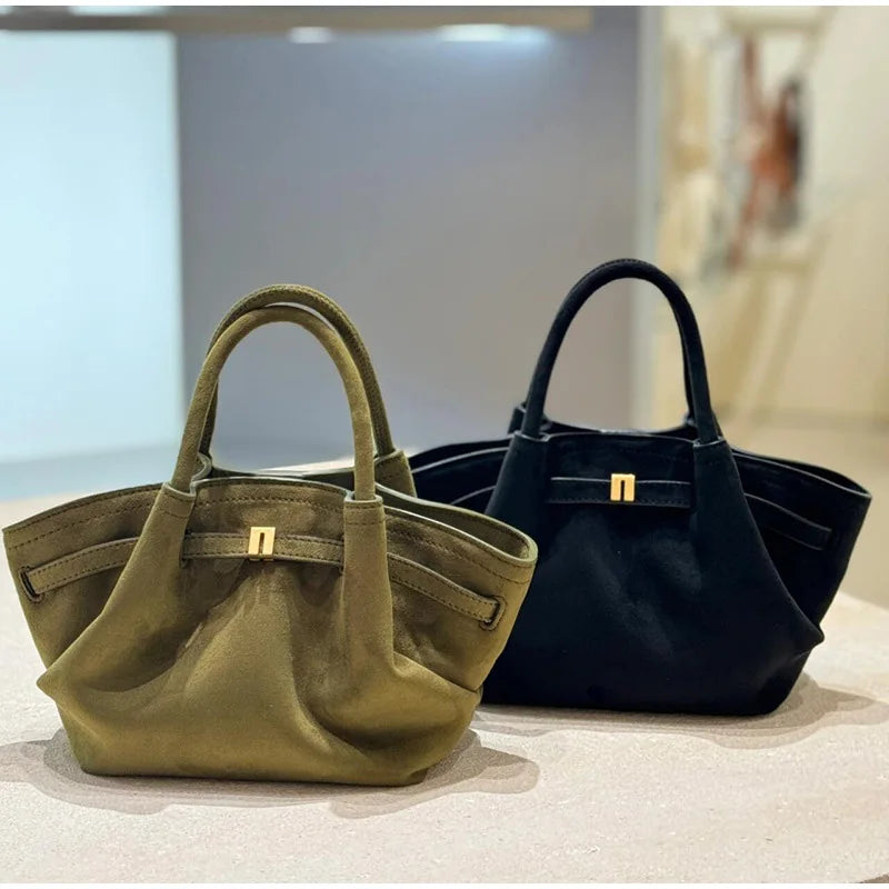 New Green Versatile Suede Tote Bag Brand Design Belt Buckle Casual Frosted Bat Bag Fashion Handbag Brown Crossbody Bag