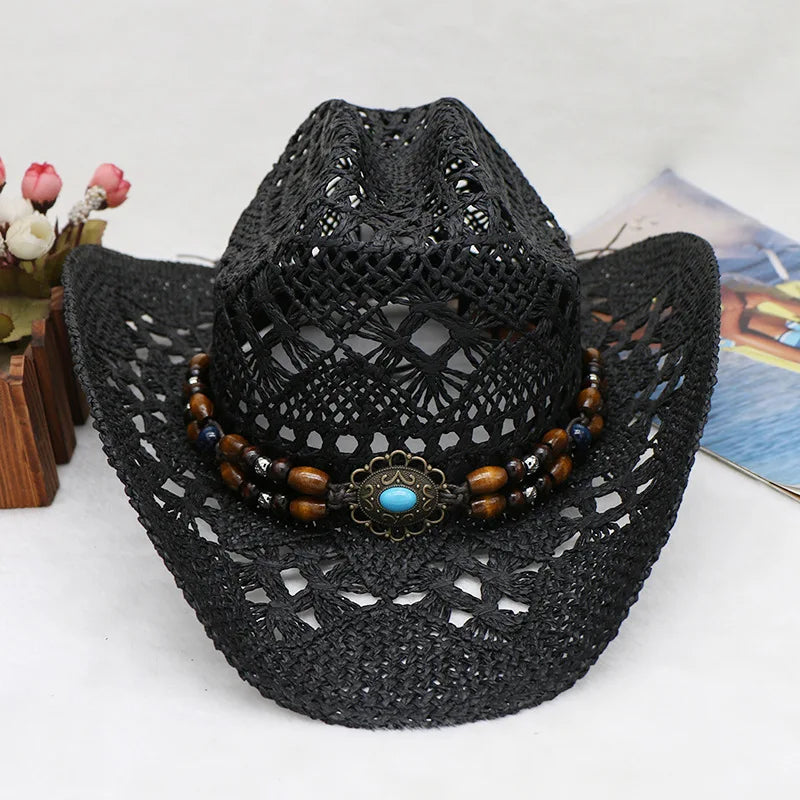 Straw Hat  Women Men Summer Handmade  Vintage Hollow Western  brim Sun Protection Fisherman Mountaineering Bohemian Chain Jewel