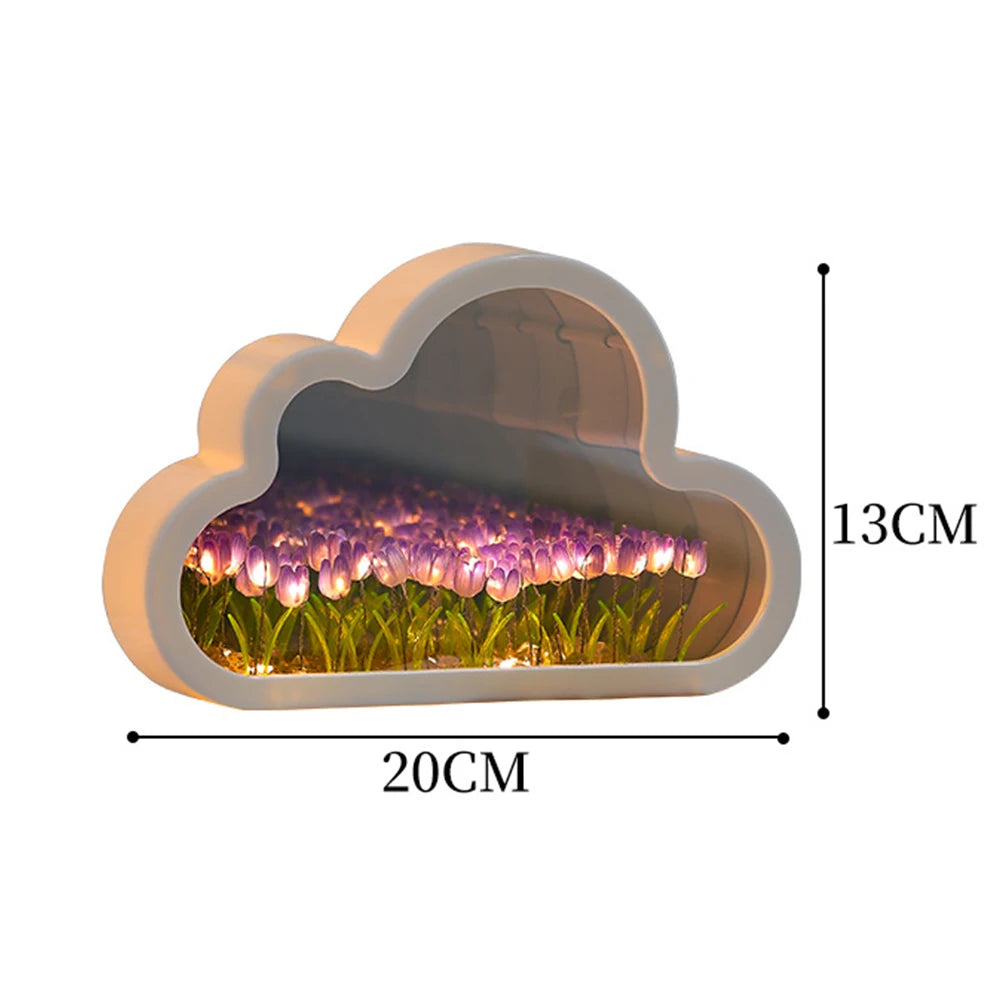 DIY Cloud Tulip LED Night Light Mirror Table Lamps Bedroom Ornaments Decor Bedside Photo Frame Mirror Table Lamps Handmade Gifts