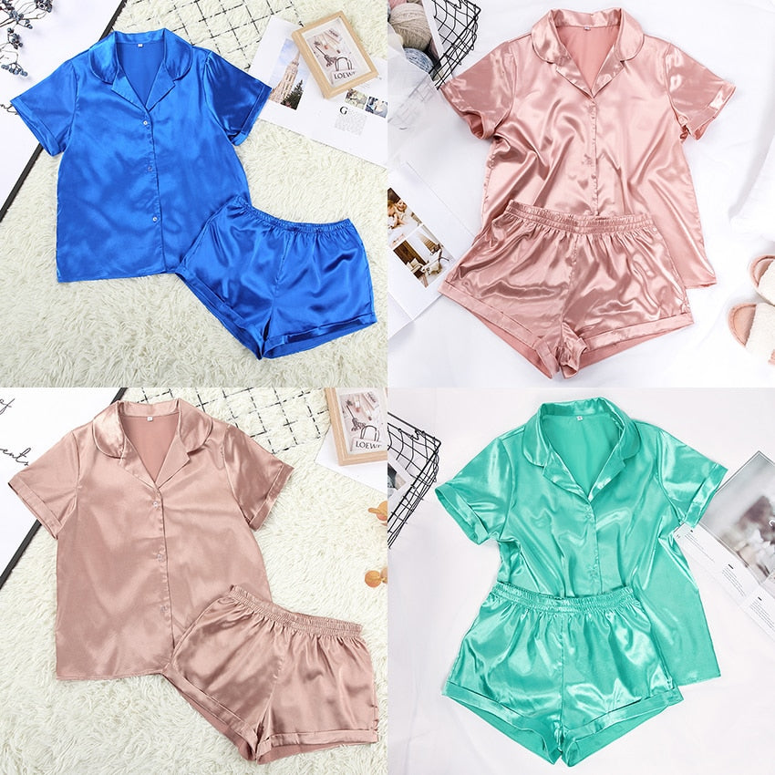 Solid Satin Sleepwear Silk Pajamas Set Top And Shorts Two Piece Set Pyjamas Women Pajama Short Sleeve Home Suit Casual