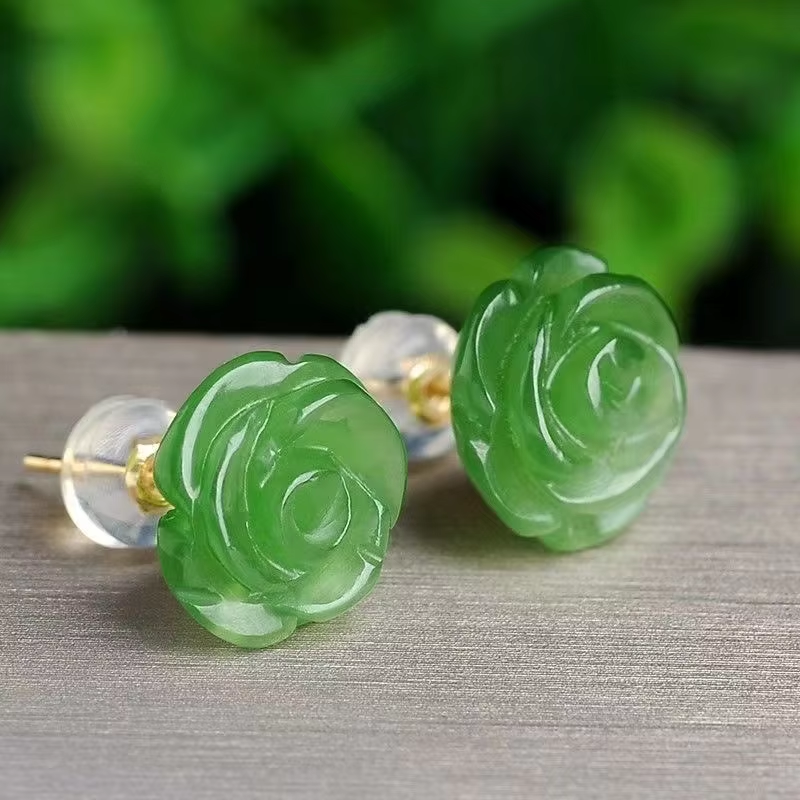 925 Silver Natural Green Jade Rose Earrings Bead Charm Jewellery Fashion Accessories Hand-Carved Man Woman Amulet Gifts