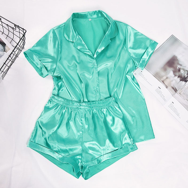 Solid Satin Sleepwear Silk Pajamas Set Top And Shorts Two Piece Set Pyjamas Women Pajama Short Sleeve Home Suit Casual
