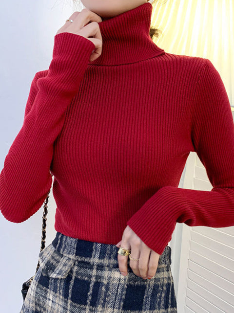 New 2022 Women Pullover Turtleneck Sweater Autumn Long Sleeve Slim Elastic Korean Simple Basic Cheap Jumper Solid Color Top