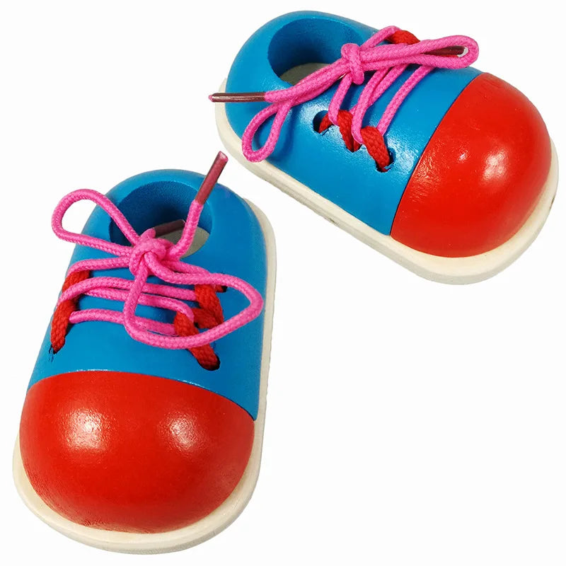 2Pcs Kids Montessori Educational Wooden Toys Tie Shoes Lace up Shoes Toys Toddler Lacing Shoes Early Educational Learning Toys