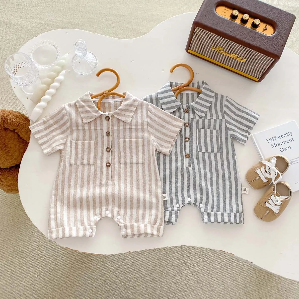 2024 Summer Infant Striped Baby Boys Rompers Short Sleeve Muslim Babe Boys Polo Bodysuit Thin Loose Newborn Boys Outfits