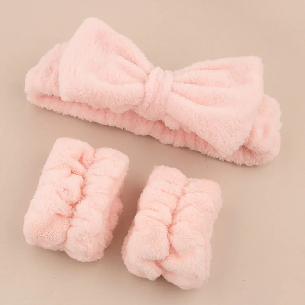 Face Wash Hair Band New Bow Three-Piece Set Water-Absorbent Waterproof And Moisture-Proof Hair Band Plush Wrist Strap