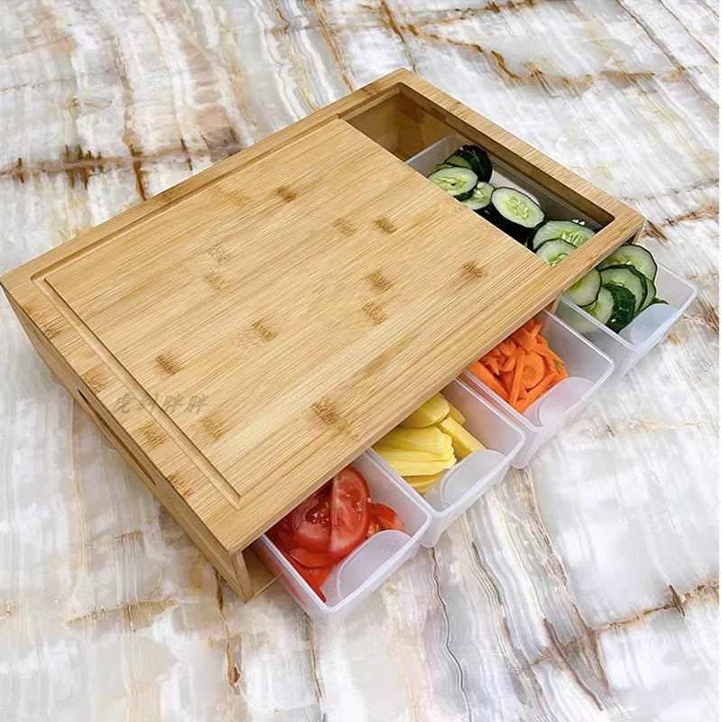 large organic kitchen chopping natural bamboo cutting board with 4 draw tray and 4 vegetable grater