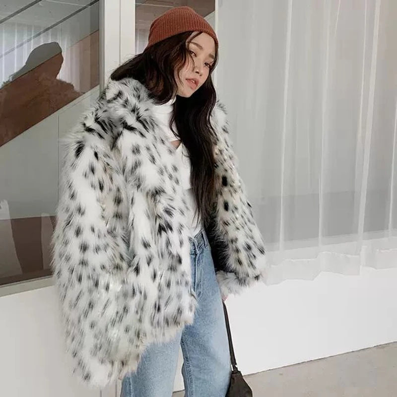 Fashion casual lady fur coat fox fur coat medium long suit collar leopard print fur fur coat Korean version of jacket