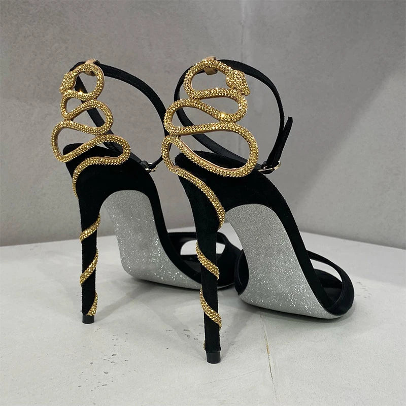 Gold Snake Wrap Heel Sandals Sexy Rhinestone Black Suede High Heels Summer Peep Toe Stiletto Party Wedding Banquet Women Shoes