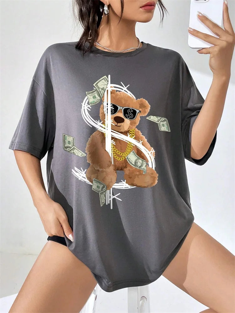 Cartoon Letter Bear Print Tshirt Women's Casual Simple Short Sleeve Round Neck T-Shirt Oversized Loose Cotton Tops Women Tshirt