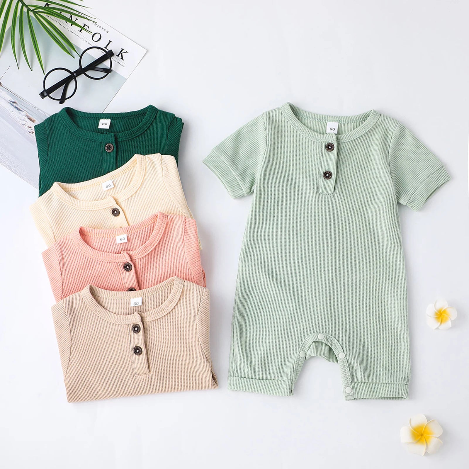 Lovely Baby Girls Boys Romper, Short Sleeve Round Neck Solid Color Ribbed Buttoned Short Pants for Summer Spring, Kids Clothing