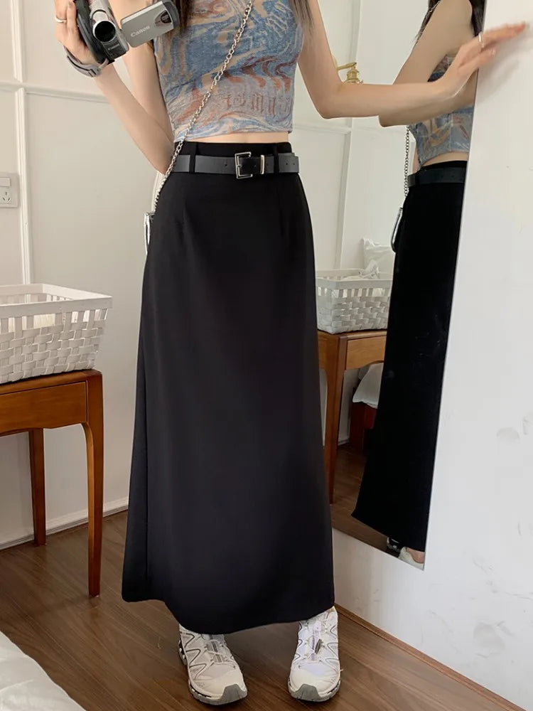 4Colors S-XL Spring Summer Female Skirts 2023 Women High Waist Suit Split long A line Maxi Skirt Female+belt (L5113)