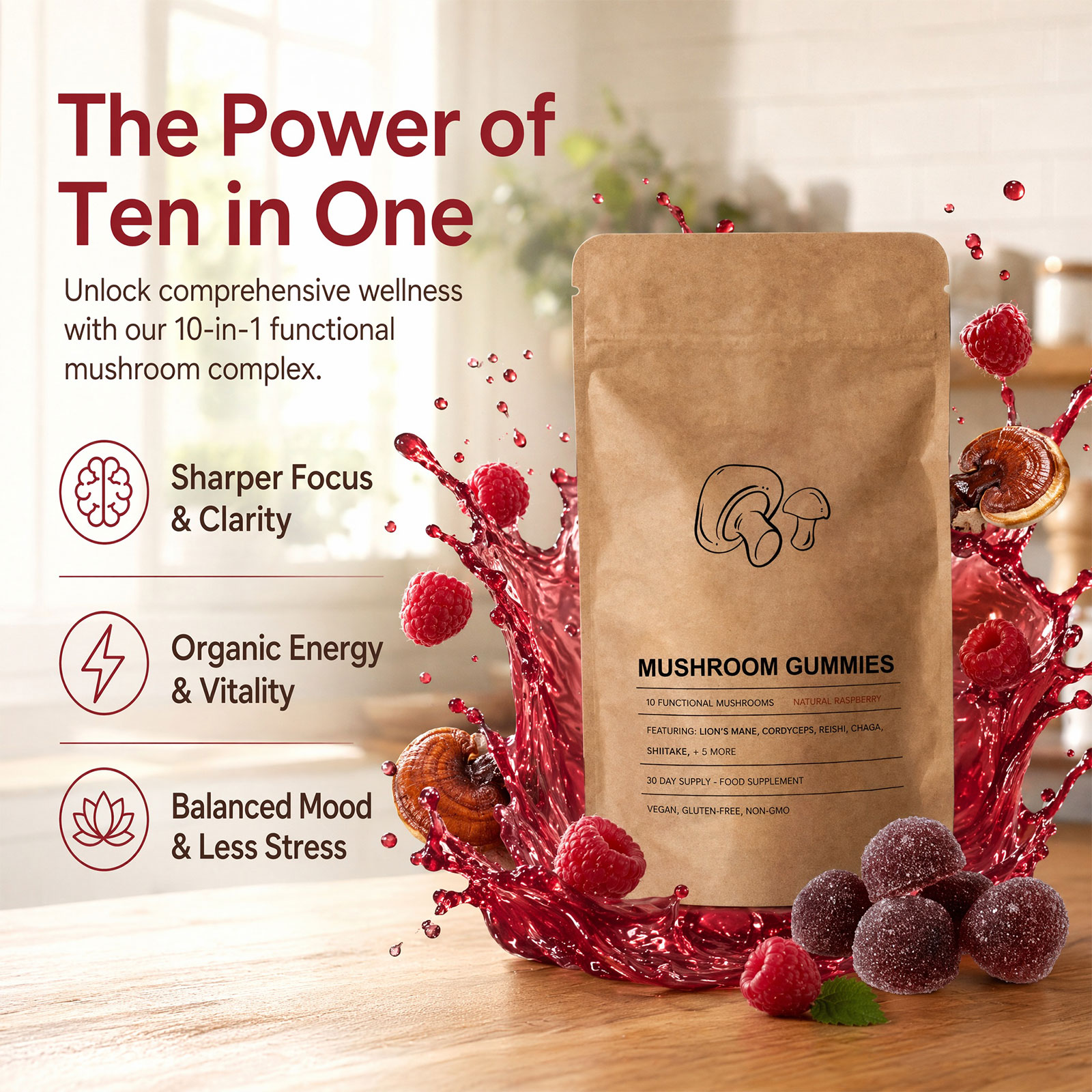 10-in-1 Mushroom Gummies High Strength 2500mg, Vegan Multi Mushroom Complex with Lion’s Mane, Reishi, Chaga, Shiitake ,10 Varieties, Vegan Mushroom Gummies for Women & Men, 60 Gummies