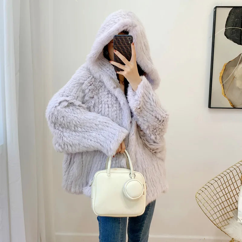 Autumn Winter Women 100% Natural Real Rabbit Thick Fur Coat Fur Warm Jacket Loose Knited Quality Luxury Hooded Full Sleeves