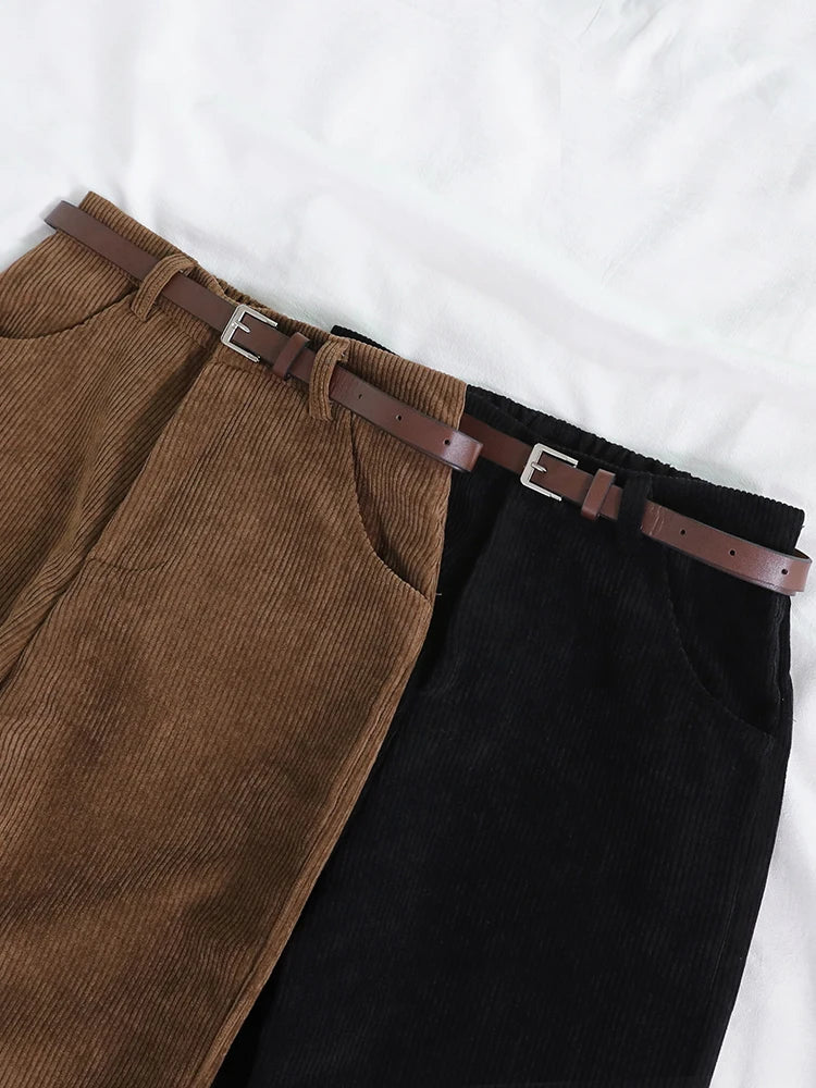 Women Spring Corduroy Pants High Waist Autumn Vintage Korean Casual Wide Leg Pants Elegant Belt Loose Cotton Streetwear