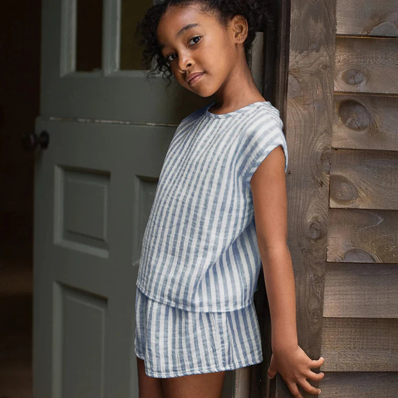 Classic Striped Sleeveless Girl's Suit 2024 Summer New Cotton Casual Mori Retro Children's Clothing Two Piece Sets