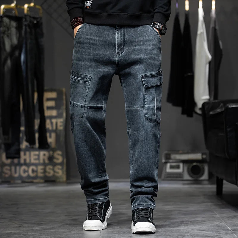 Multi-Pocket Baggy Jeans Mens Streetwear Cargo Denim Pants Straight Jean Trousers Plus Size 40 42 44