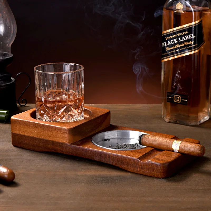 &Creative 2-In-1 Whiskey Wine Glass Holder Ashtray Desk Wood Cup Rack Cigar Holder For Bar Home Kitchen Office Decoration