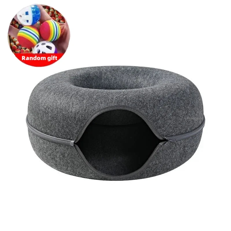 Cute Cartoon Shaped Interactive Toy for Cats House Felt Tunnel Cave Beds Removable Donut with Zipper Nest Basket Kitten Supplies