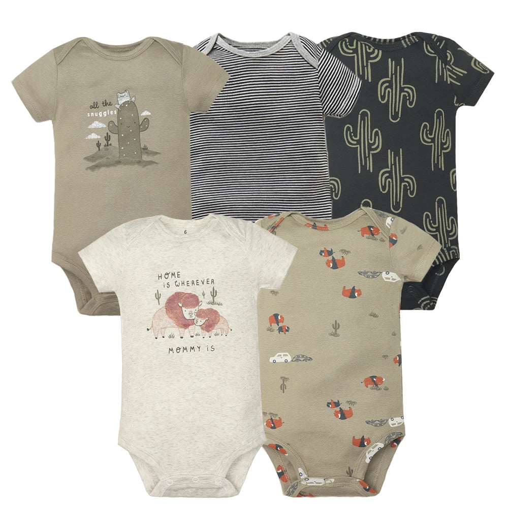 5Pieces Unisex Baby Bodysuits Fashion Body Suits Short Sleeve Newborn Infant Jumpsuit Cartoon Baby Boy Girl Clothes Set Summer