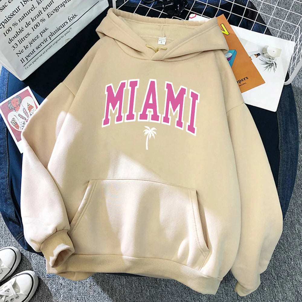 Miami Beach, Florida Usa Street Womens Hoodie Street Loose Hoodies Breathable Fleece Streetwear Casual Fleece Female Clothing