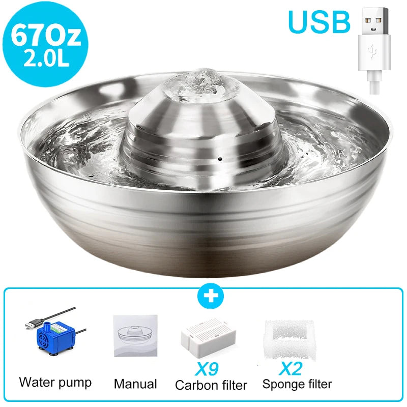 Dog Cat Water Fountain Stainless Steel Pet Drinking Fountain for Cats Small Dogs 2L Ultra-Quiet Automatic Fountains Dog Drinker