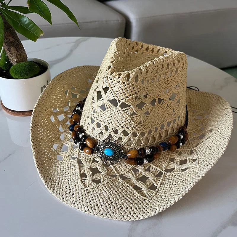 Straw Hat  Women Men Summer Handmade  Vintage Hollow Western  brim Sun Protection Fisherman Mountaineering Bohemian Chain Jewel