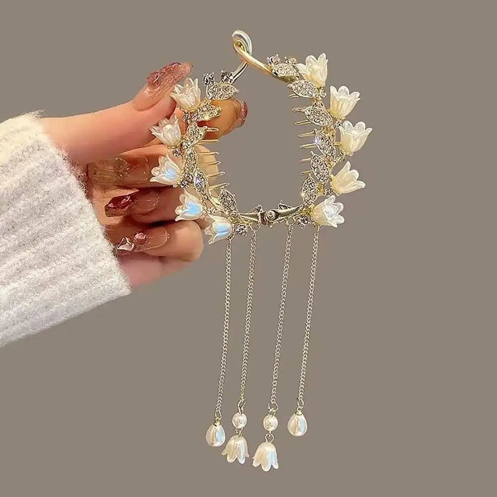 Elegant Retro Meatball Hair Clasp Clip Floristic Pearl Chain Tassels Hair Claw Ponytail Hairpins Women