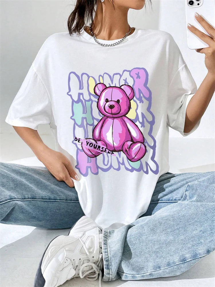 Cartoon Letter Bear Print Tshirt Women's Casual Simple Short Sleeve Round Neck T-Shirt Oversized Loose Cotton Tops Women Tshirt