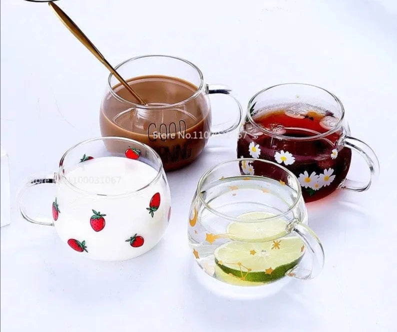 380ml Cute Letter Transparent Glass Coffee Tea Mug Strawberry Drinks Dessert Breakfast Milk Cup Glass Mugs Handle Drinkware