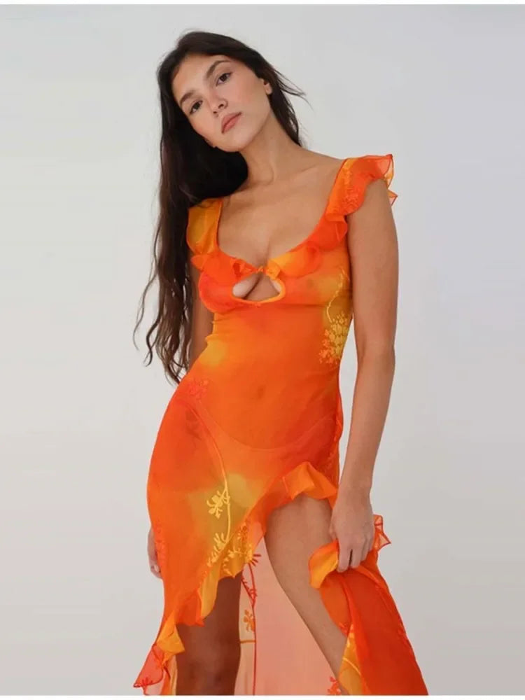 Orange Tie Dyed Printed Trailing Dress Low Cut Backless Ruffle High Split Long Dresses Summer Chic Female Party Evening Robe