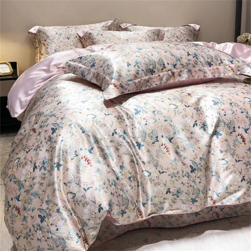 Blend Mulberry Silk 4 Pieces Bedding Set, 1PC Duvet Cover, 1PC Bed Sheet, 2PCS Pillowcases, Luxury Home Textiles Bedclothes