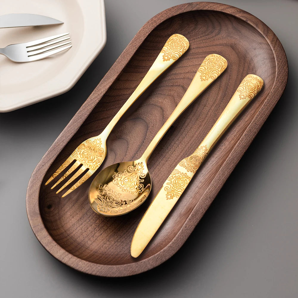 &Gold Luxury Cutlery Sets Fork Spoons Knife Silverware Kit Vintage Carved Tableware Set European Dinnerware For Home Kitchen