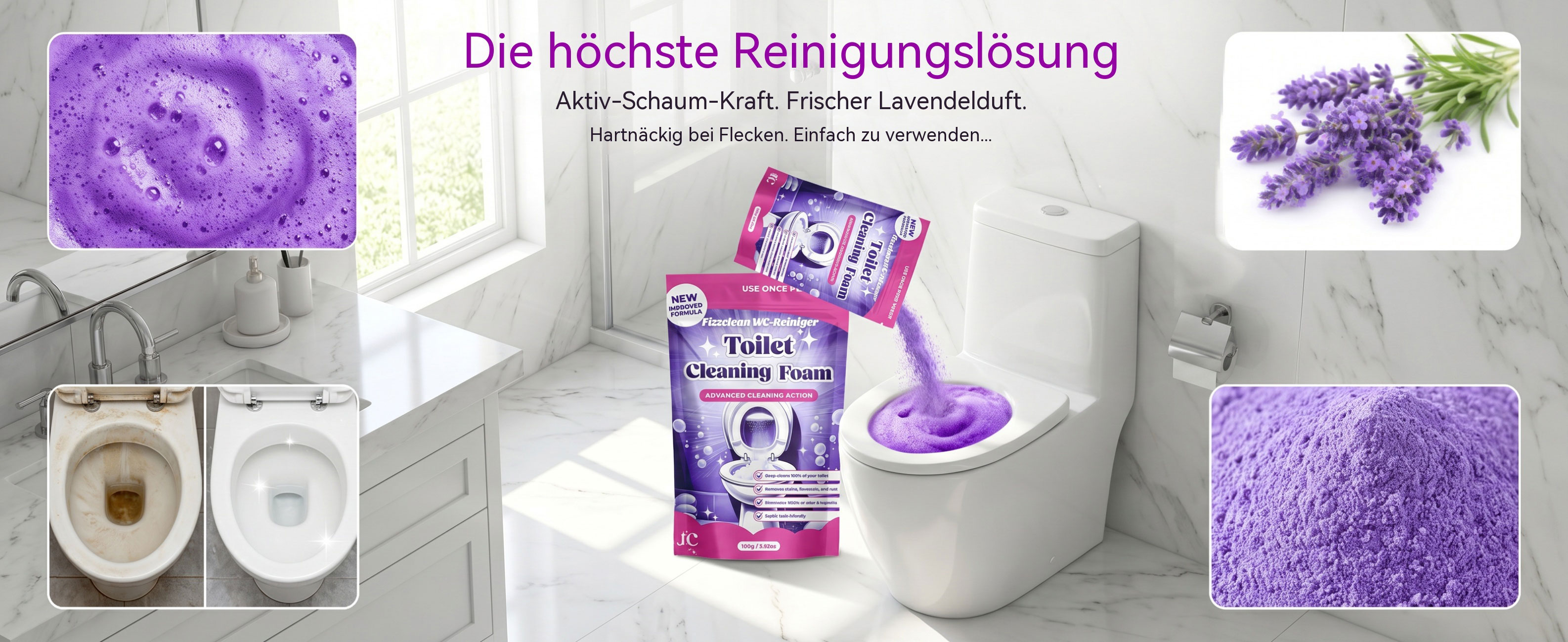 Fizzclean Wc-Reiniger Original, 2026 Neu Fizzclean WC Schaumreiniger, Toilettenschaum Extra Stark Reinigung, Lavendelgeschmack, 100g