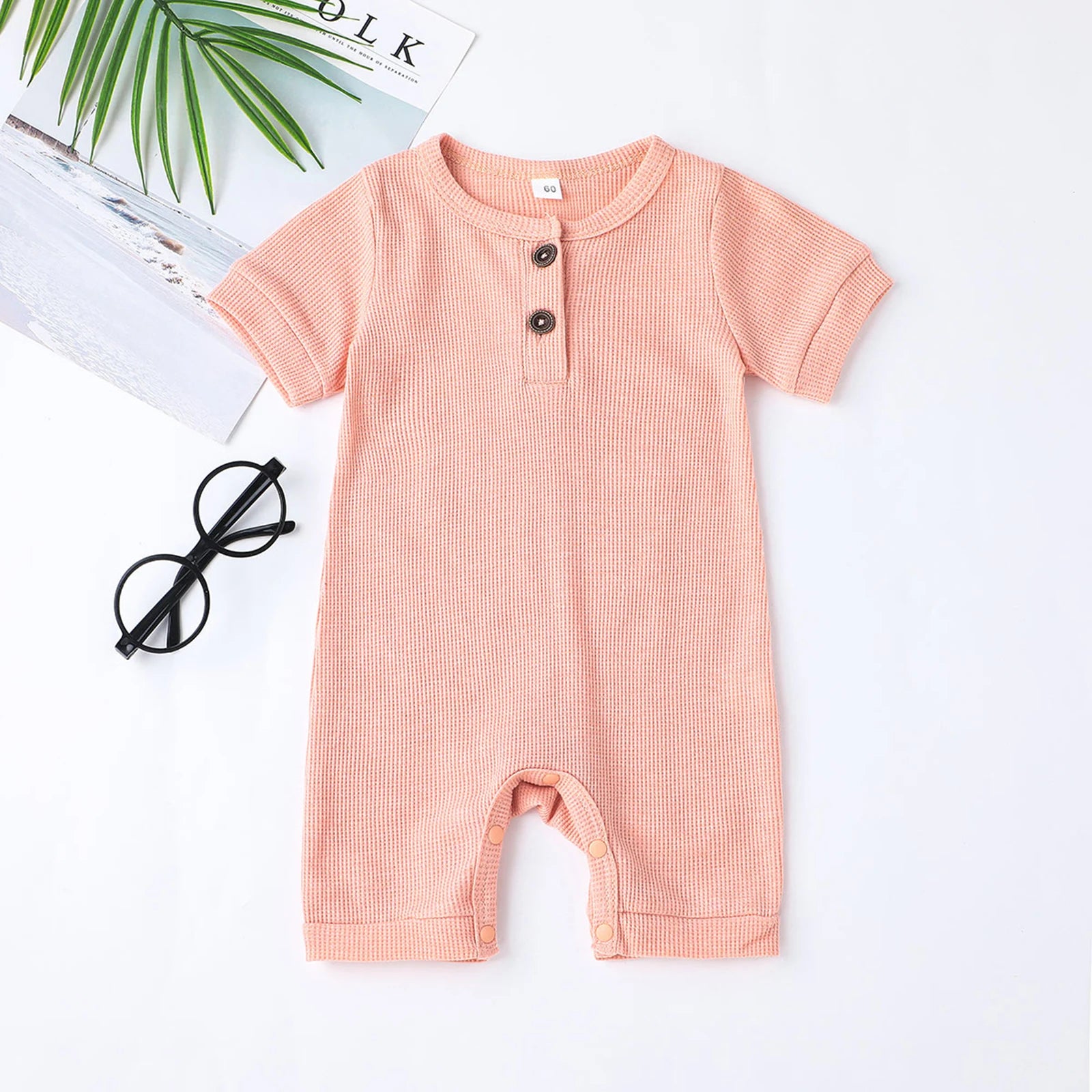 Lovely Baby Girls Boys Romper, Short Sleeve Round Neck Solid Color Ribbed Buttoned Short Pants for Summer Spring, Kids Clothing