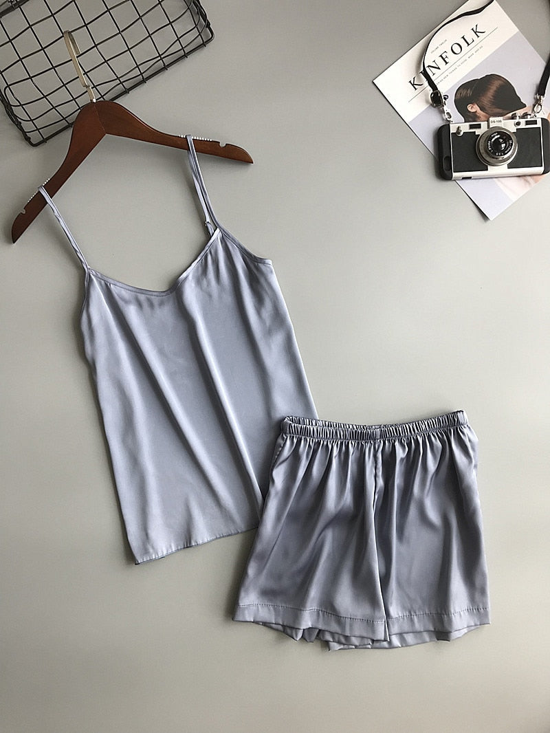 Solid Color Women Pajamas Camisole Pajama Set Woman Summer Vest Shorts Suit
