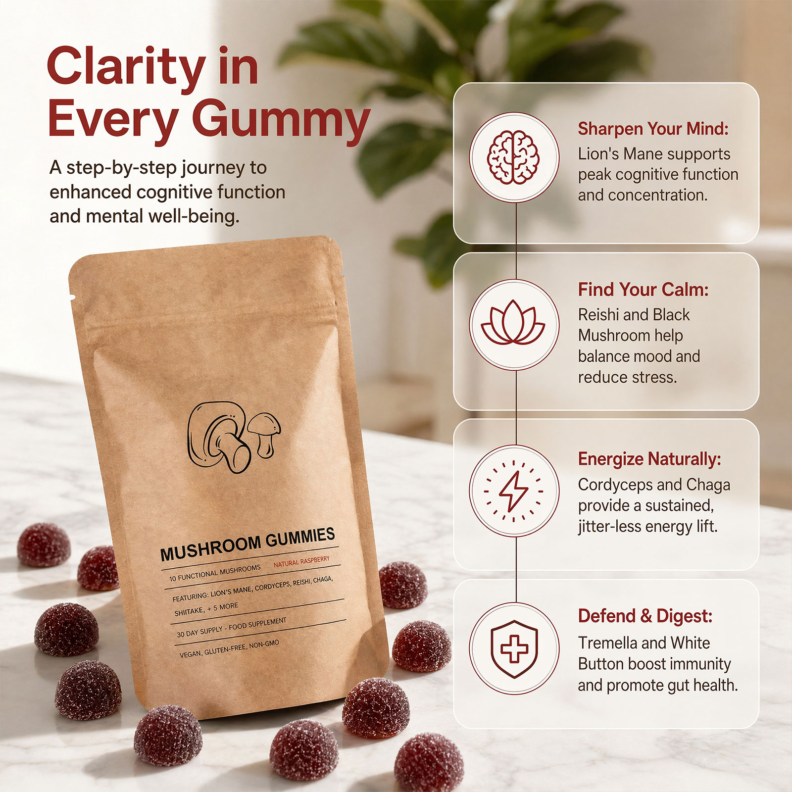 10-in-1 Mushroom Gummies High Strength 2500mg, Vegan Multi Mushroom Complex with Lion’s Mane, Reishi, Chaga, Shiitake ,10 Varieties, Vegan Mushroom Gummies for Women & Men, 60 Gummies
