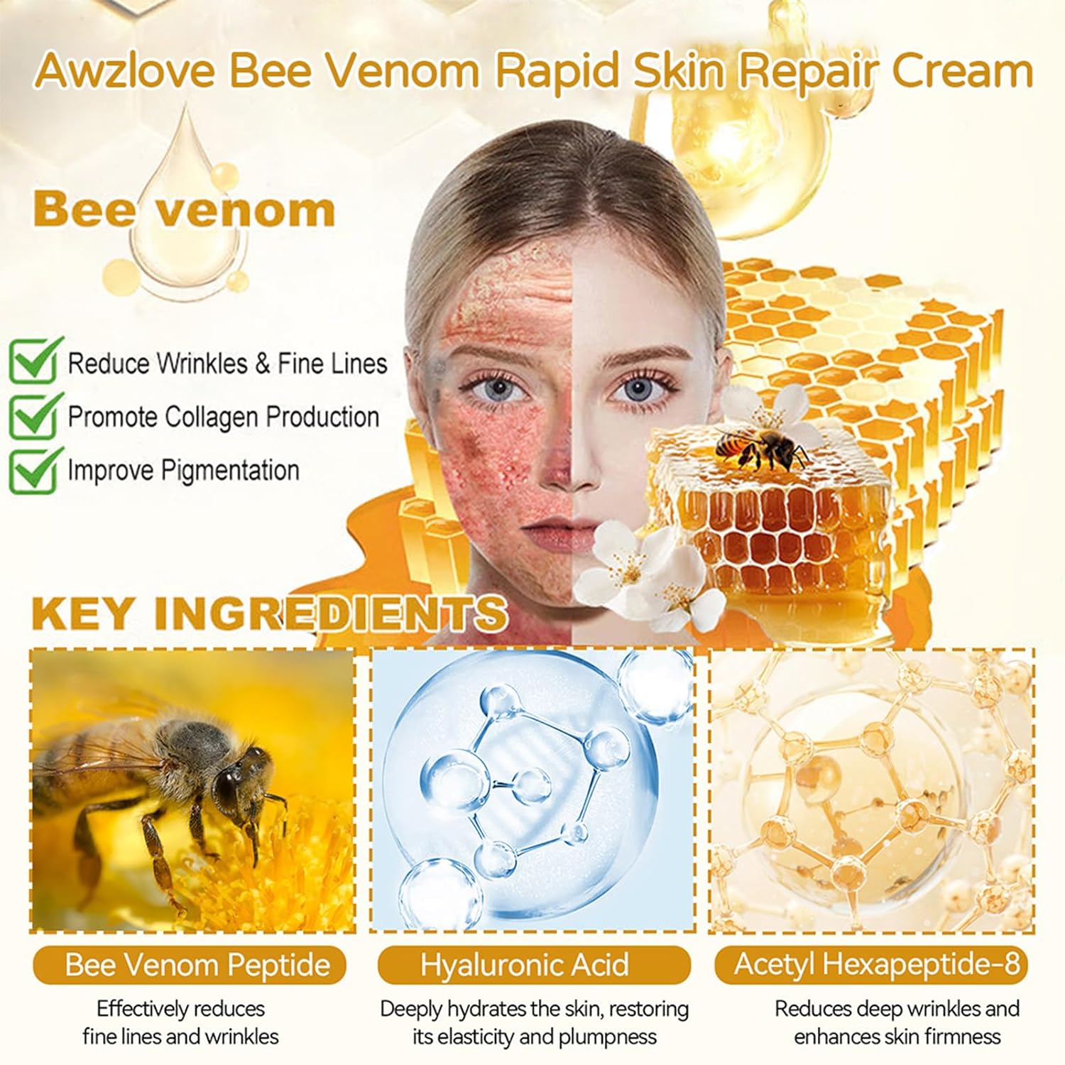 Awzlove Bee Venom Cream, Awzlove Bee Venom Rapid Skin Repair Cream, Bee Venom Skin Treatment cream, Effective In Reducing skin Blemishes, Gentle and Non-irritating for All Types