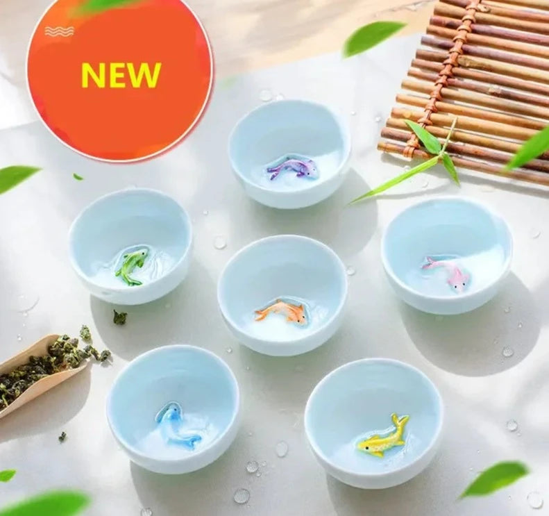 6 sets Chinese ceramic cups fish cups blue and white  teapot small porcelain tea bowl tea cup teaset accessories drink Drinkware