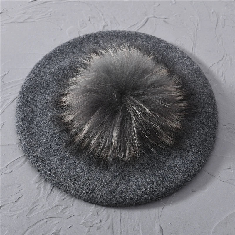 Jaxmonoy Winter Female Beret Women Hat Big Real Raccoon Fur Pompom Beret Wool Cashmere Natural Fur Ball Fashion Beret Cap Female