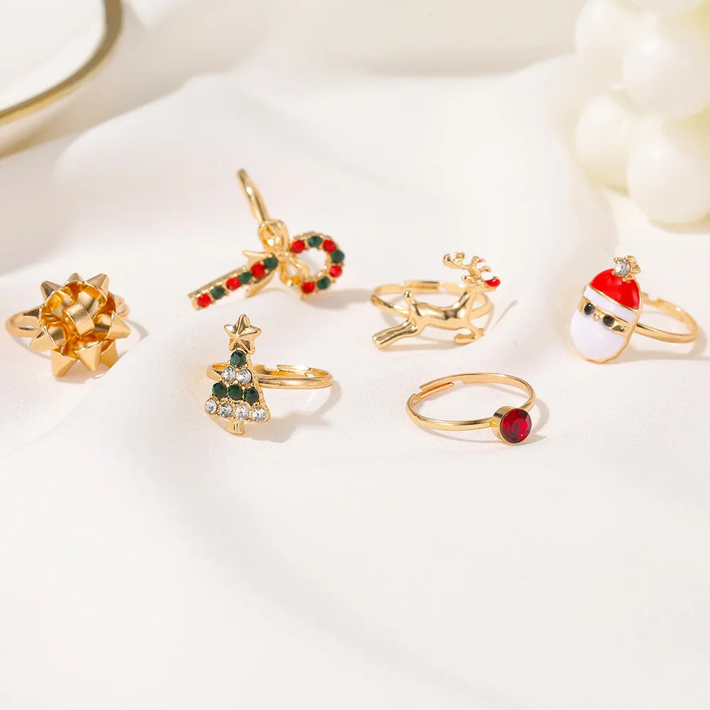 6Pcs/Set New Christmas Elk Santa Ring For Women Fashion Cute Gold Color Drip Glaze Adjustable Finger  Holiday Party Jewelry