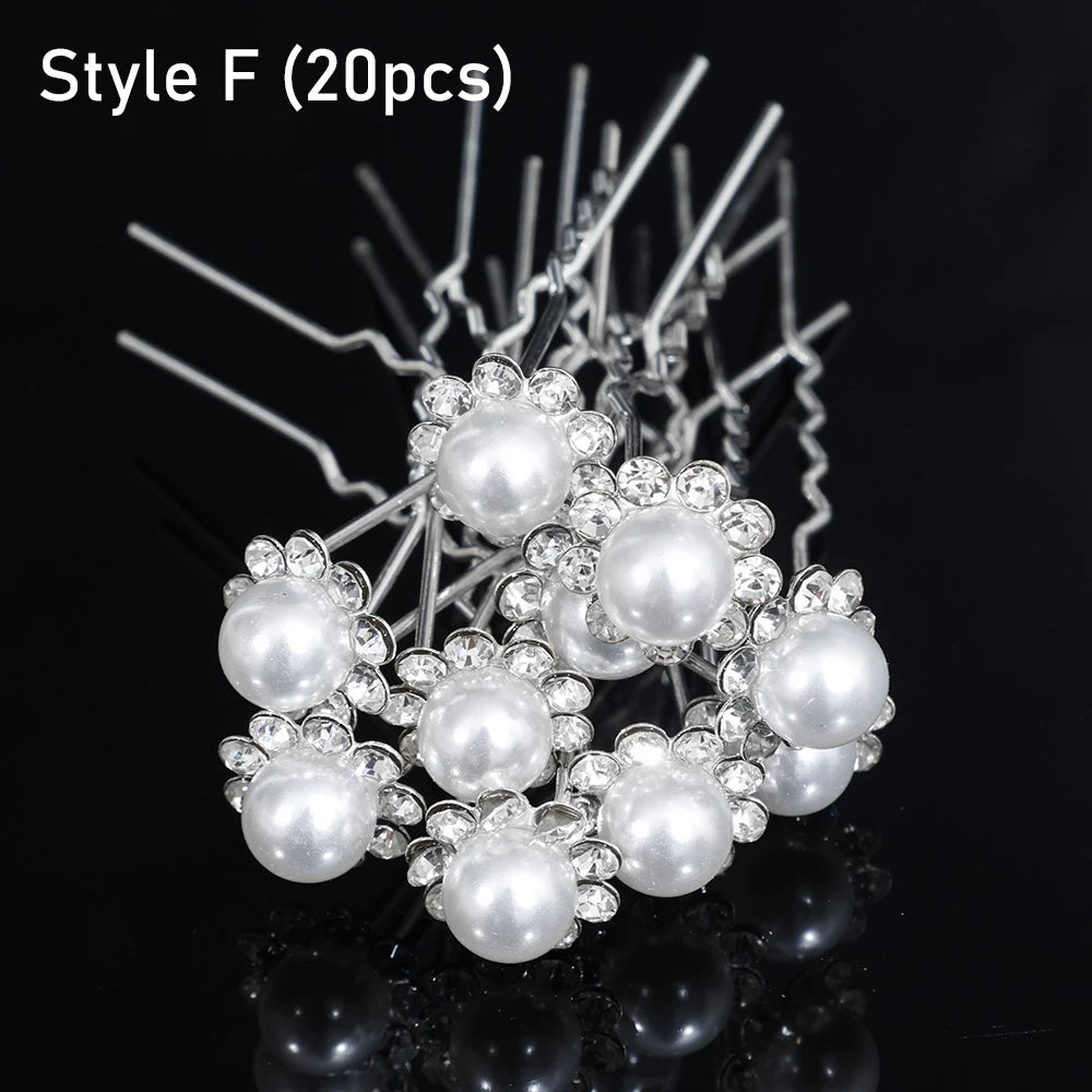 20pcs Women Flower Hairpin Stick Wedding Bridal Crystal Pearl Hairpin U Shaped Hair Clip Barrettes Hair Accessories Wholesale